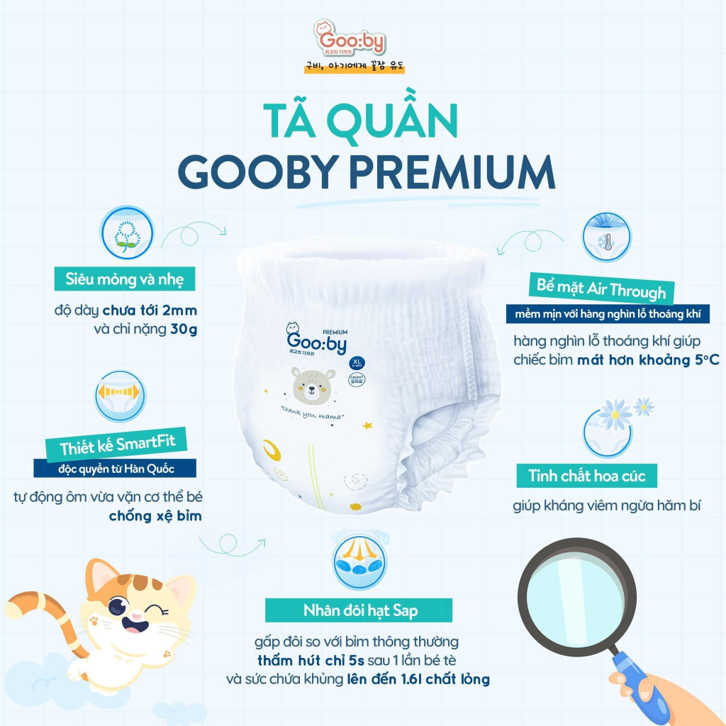 Tã/bỉm quần Gooby Premium - Chuyên gia bỉm đêm, chống trào đến 12h size M/L/XL/XXL cho bé từ 6kg - 24kg Umee Babycare