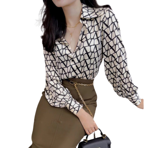 Áo sơ mi nữ lụa cao cấp không nhăn họa tiết V phong cách thời trang công sở A46