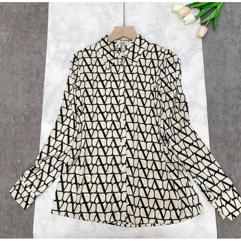 Áo sơ mi nữ lụa cao cấp không nhăn họa tiết V phong cách thời trang công sở A46