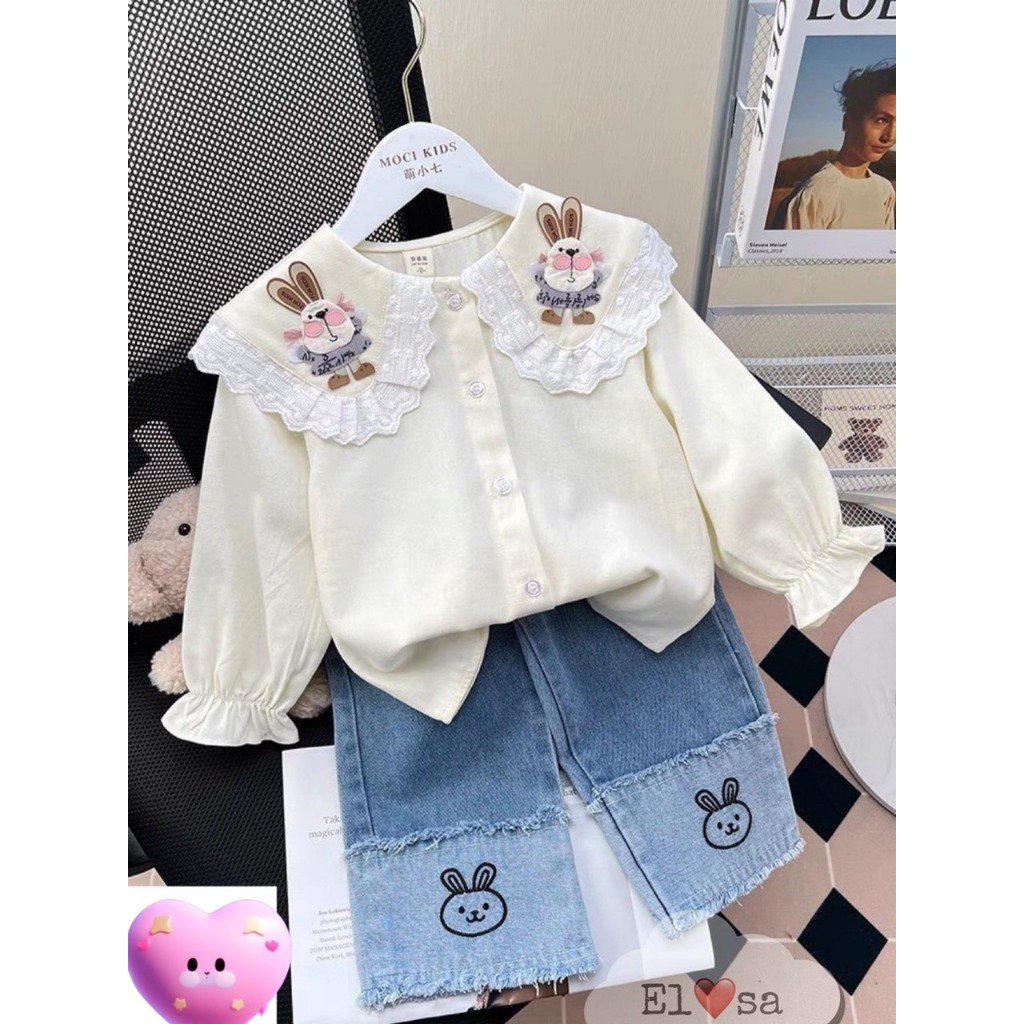 QUẦN ÁO BÉ GÁI--SET SƠ MI QUẦN BÒ THÊU THỎ 8-30KG ANNAKIDS