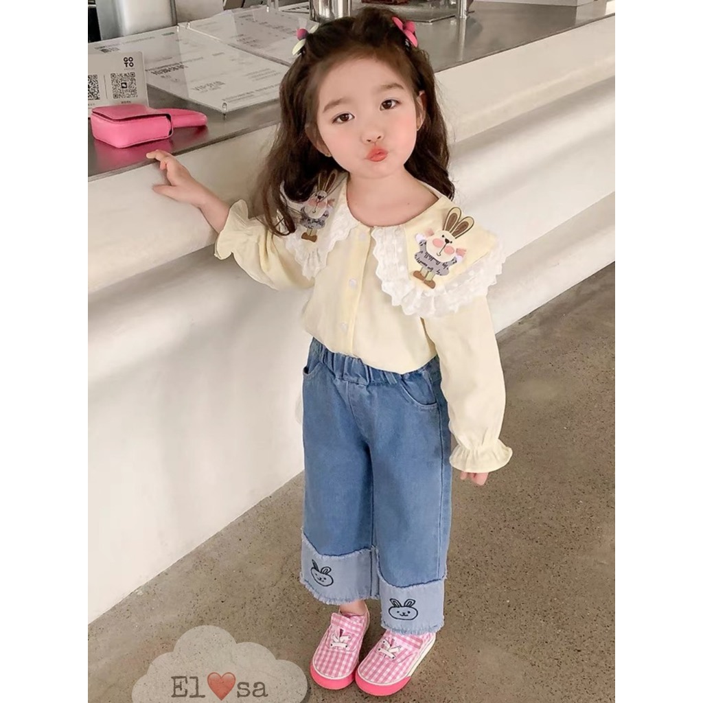 QUẦN ÁO BÉ GÁI--SET SƠ MI QUẦN BÒ THÊU THỎ 8-30KG ANNAKIDS