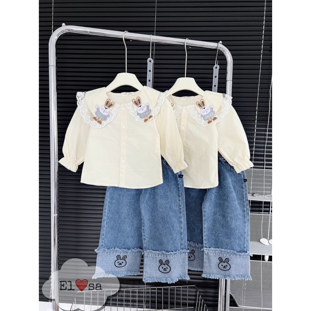 QUẦN ÁO BÉ GÁI--SET SƠ MI QUẦN BÒ THÊU THỎ 8-30KG ANNAKIDS
