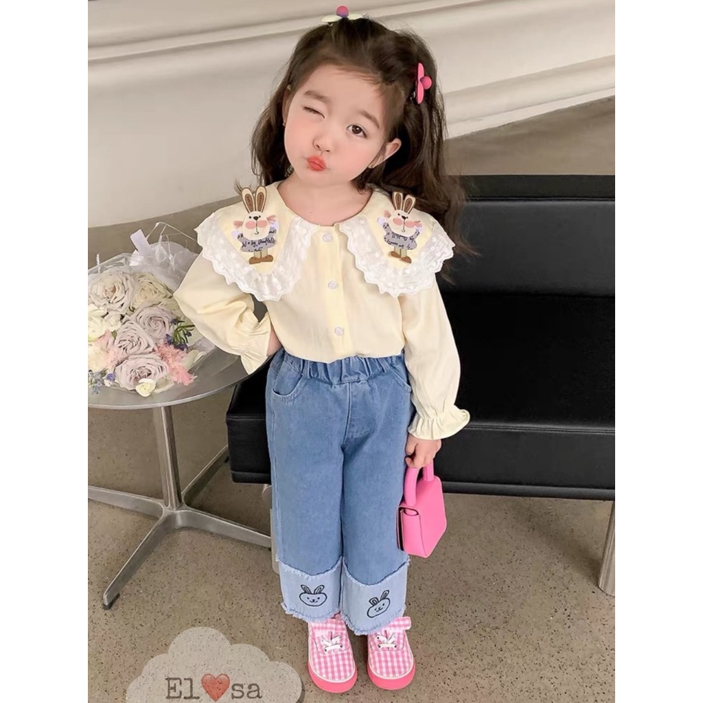 QUẦN ÁO BÉ GÁI--SET SƠ MI QUẦN BÒ THÊU THỎ 8-30KG ANNAKIDS