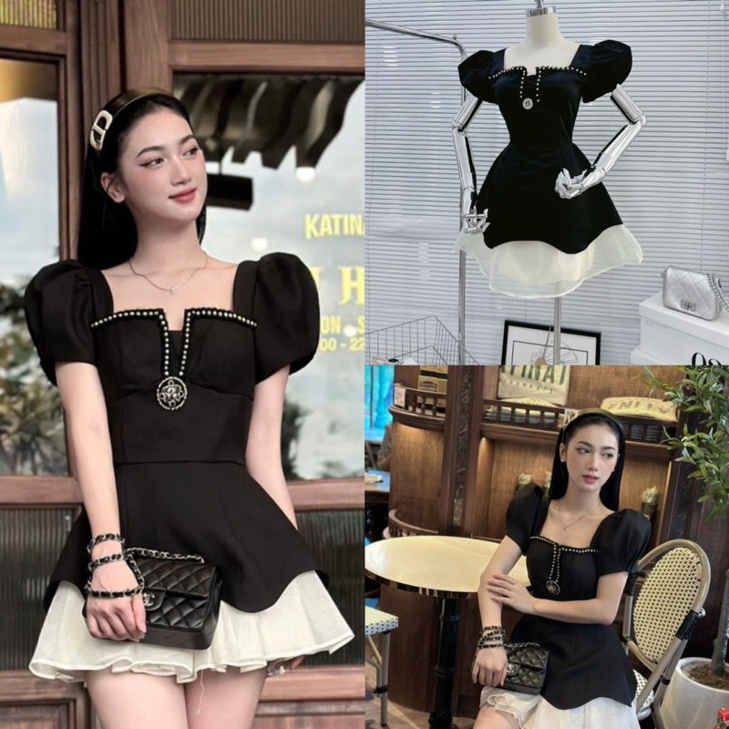 ĐẦM PHI ĐEN CỔ VUÔNG KẾT TUA