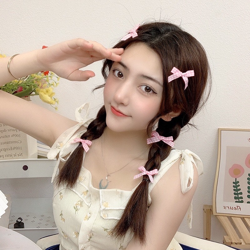 Set 5 kẹp nơ kẻ sọc caro màu sắc vintage phong cách Hàn Quốc dành cho nữ KT9440A