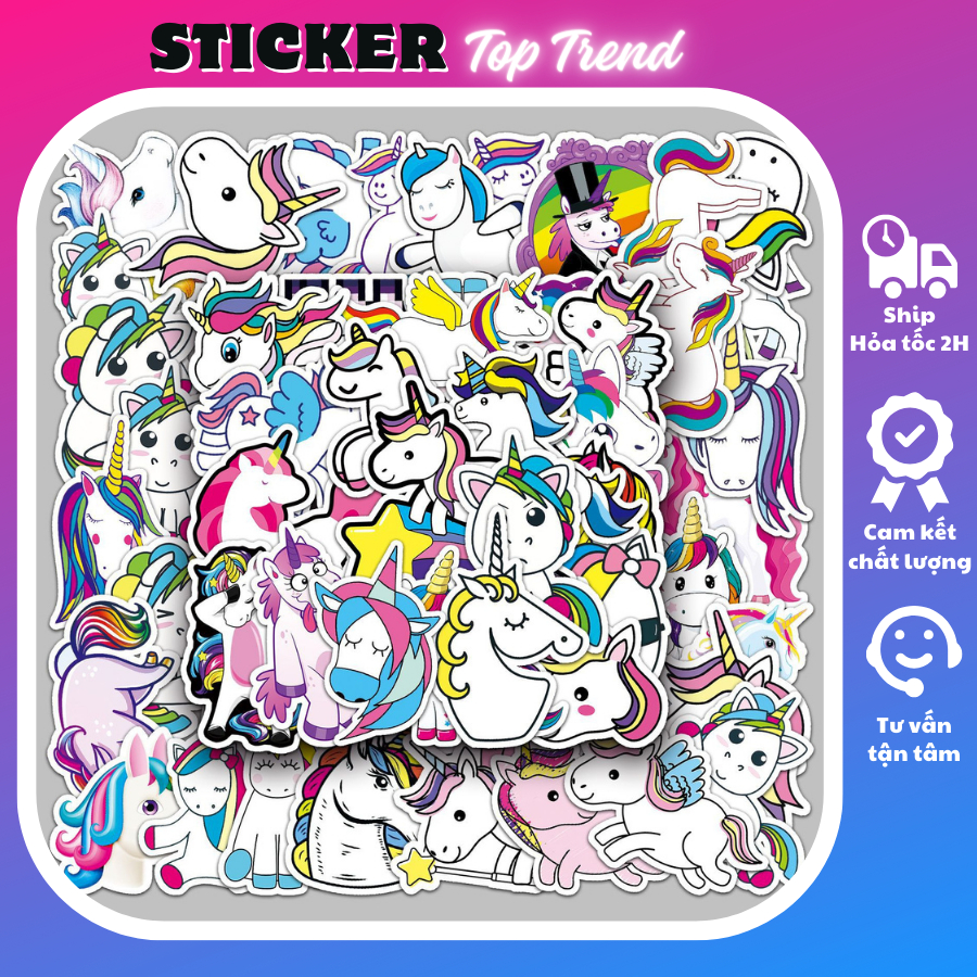 Sticker cute SET 50 TẤM NGỰA PONY, hình dán trang trí hoạt hình dễ thương cho bé gái, chống thấm nước - TOP TREND
