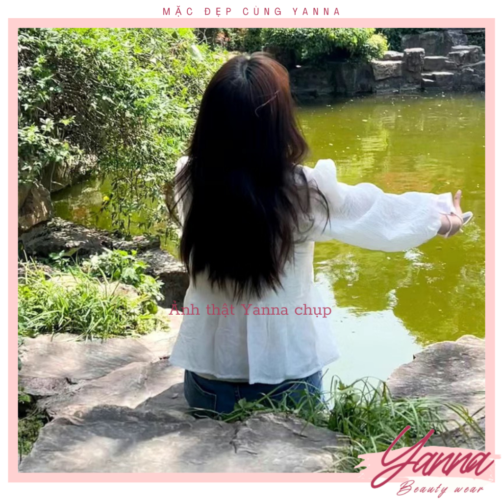 Áo sơ mi ren cổ V dài tay, áo dáng babydoll tay bồng tiểu thư, tôn dáng, chất vải mềm mại YN102