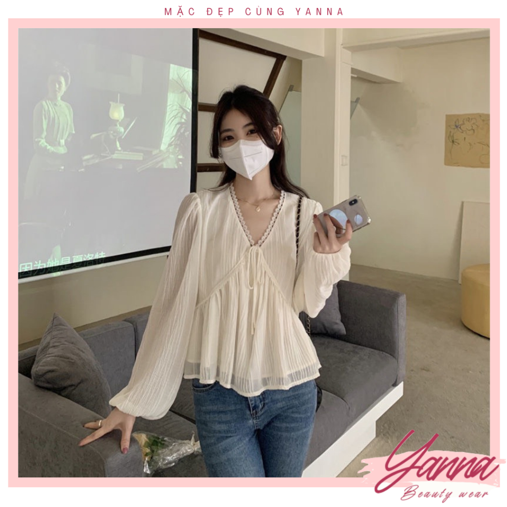 Áo sơ mi ren cổ V dài tay, áo dáng babydoll tay bồng tiểu thư, tôn dáng, chất vải mềm mại YN102