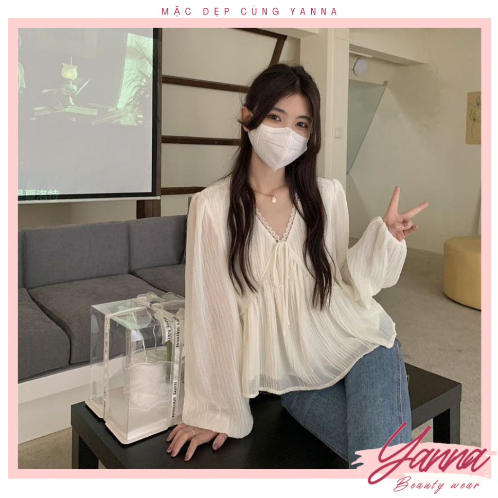 Áo sơ mi ren cổ V dài tay, áo dáng babydoll tay bồng tiểu thư, tôn dáng, chất vải mềm mại YN102