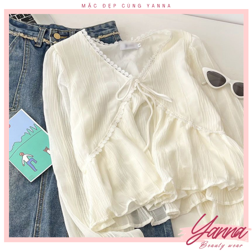 Áo sơ mi ren cổ V dài tay, áo dáng babydoll tay bồng tiểu thư, tôn dáng, chất vải mềm mại YN102
