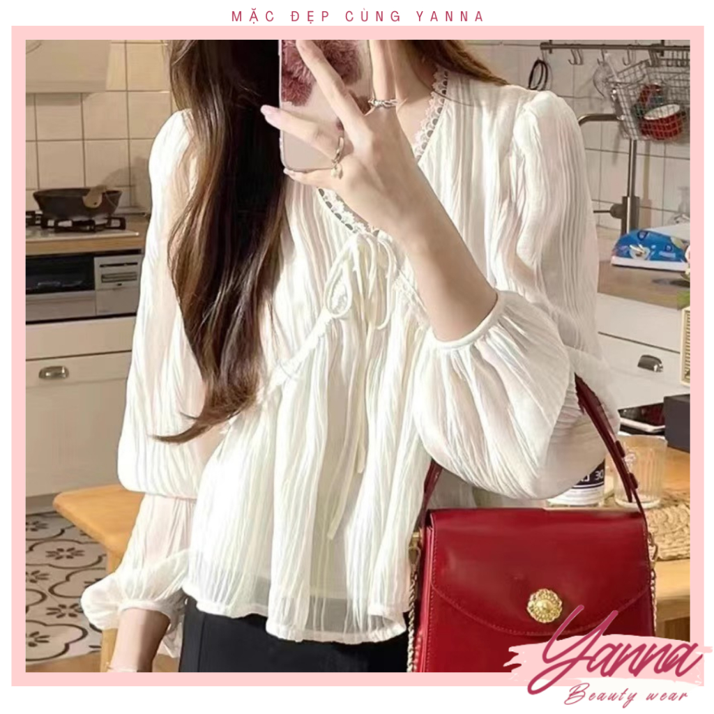 Áo sơ mi ren cổ V dài tay, áo dáng babydoll tay bồng tiểu thư, tôn dáng, chất vải mềm mại YN102