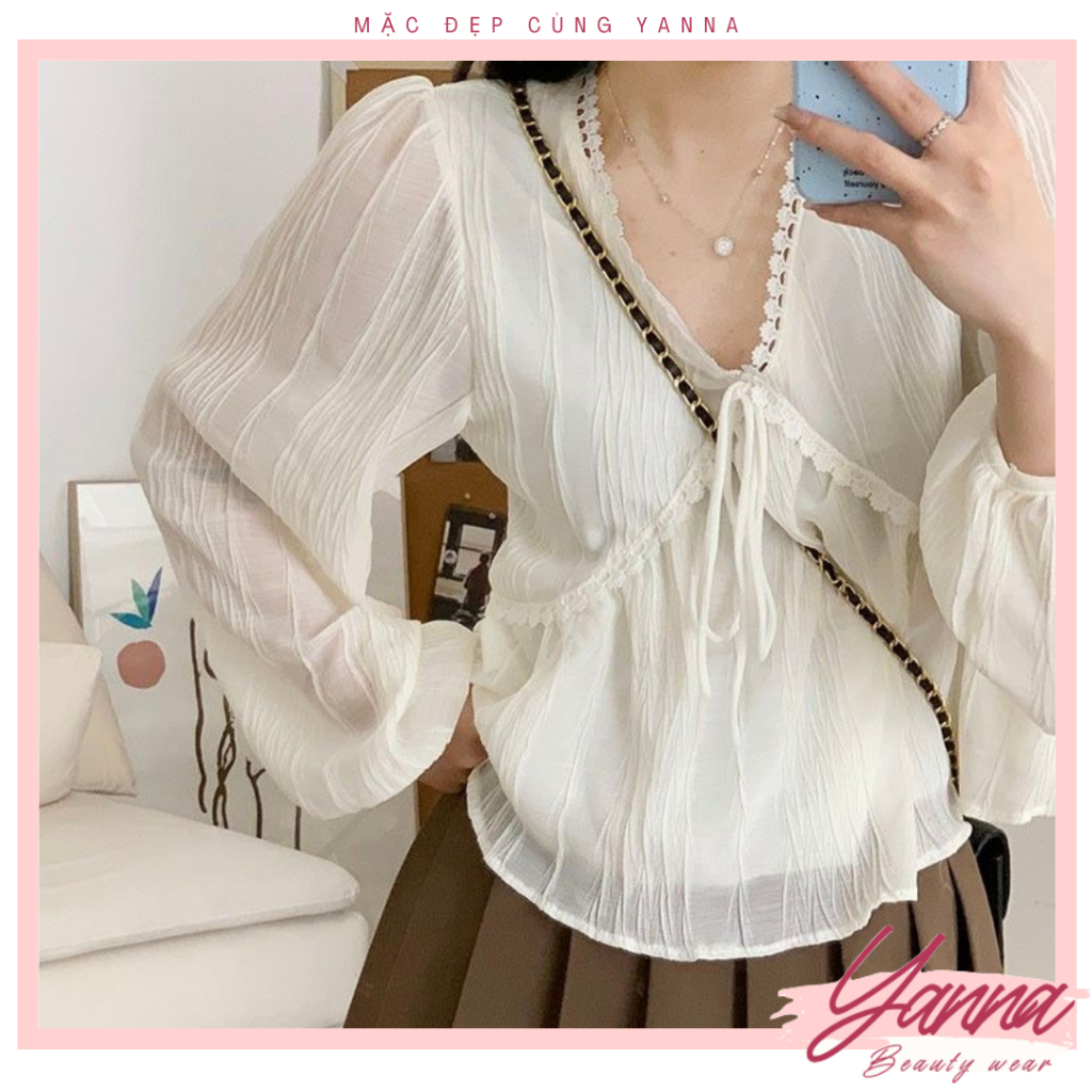 Áo sơ mi ren cổ V dài tay, áo dáng babydoll tay bồng tiểu thư, tôn dáng, chất vải mềm mại YN102