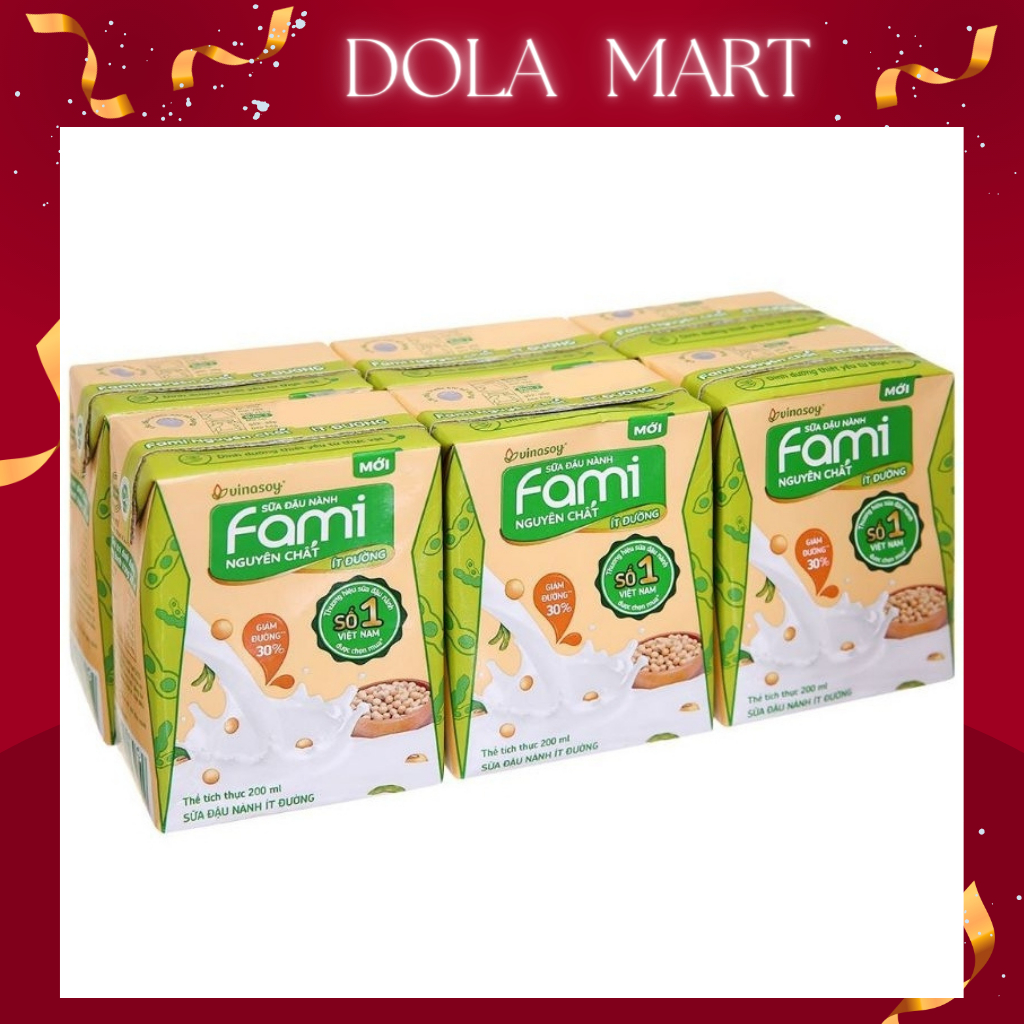 Sữa đậu nành fami 1 hộp 200ml, 1 lốc 6 hộp, sữa đậu nành vị nguyên chất, canxi, sữa dừa