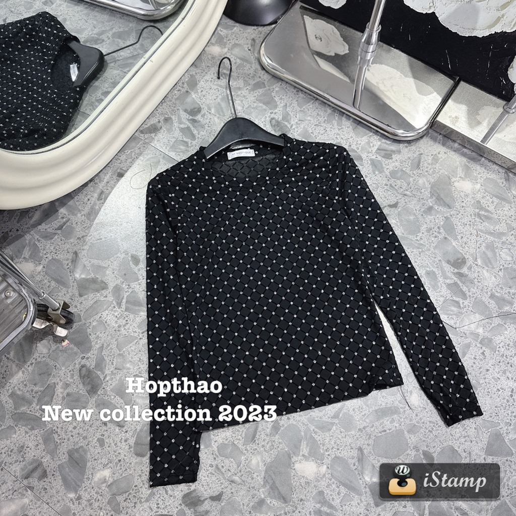 Áo lưới trám dài tay cổ tòn dáng thường