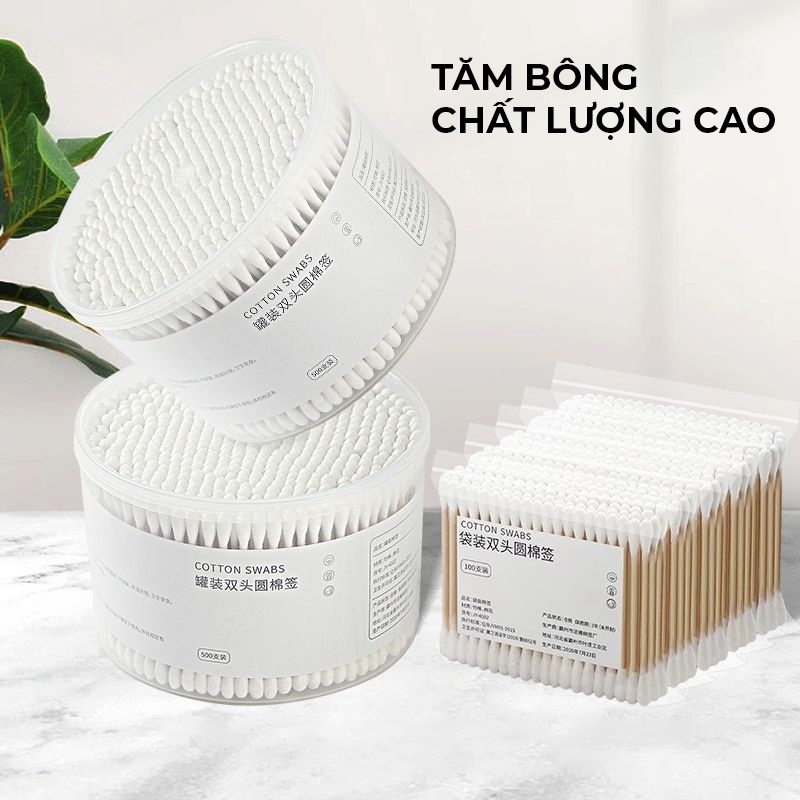 Tăm bông ngoáy tai 2 đầu gỗ ép bông tự nhiên cao cấp hộp 500 chiếc, bông ngoáy tai dùng một lần
