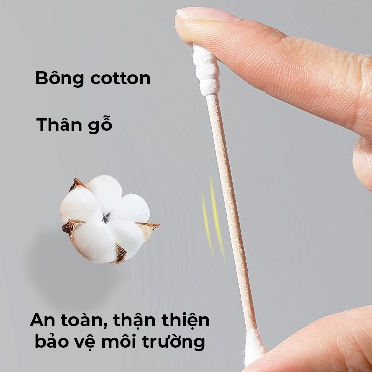 Tăm bông ngoáy tai 2 đầu gỗ ép bông tự nhiên cao cấp hộp 500 chiếc, bông ngoáy tai dùng một lần