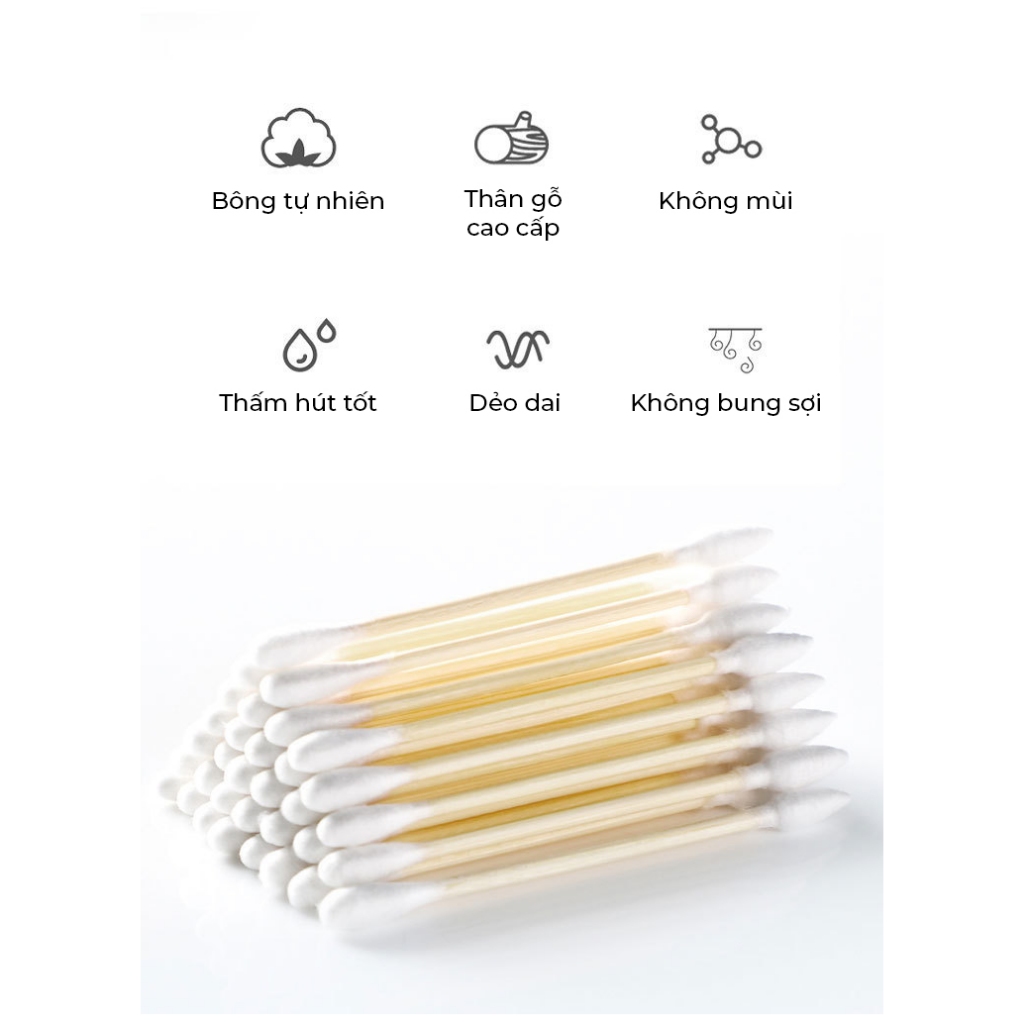 Tăm bông ngoáy tai 2 đầu gỗ ép bông tự nhiên cao cấp hộp 500 chiếc, bông ngoáy tai dùng một lần