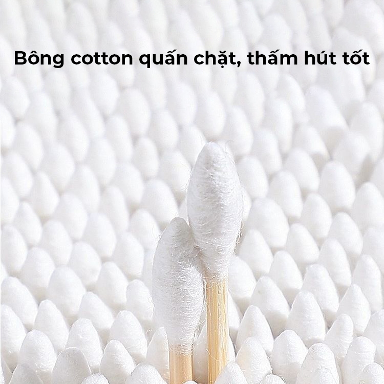 Tăm bông ngoáy tai 2 đầu gỗ ép bông tự nhiên cao cấp hộp 500 chiếc, bông ngoáy tai dùng một lần