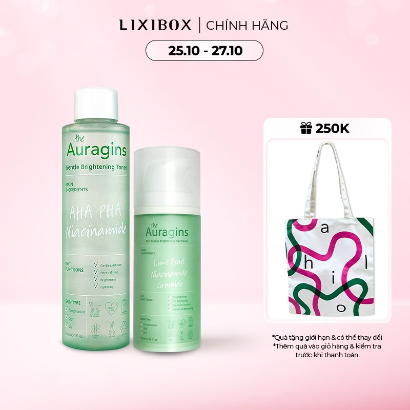 Combo Gel Dưỡng Ẩm Ngừa Mụn, Giảm Thâm The Auragins & Nước Cân Bằng AHA PHA