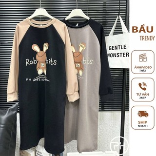 Váy đầm thời trang đầm bầu chất liệu cotton in hình thỏ dễ thương - đầm bầu đẹp free size
