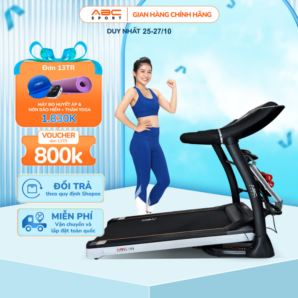 Máy chạy bộ đa năng ABCSport F3, tải trọng đến 160kg, giảm xóc bằng cảm biếng điện tử, màn hình LCD sắc nét