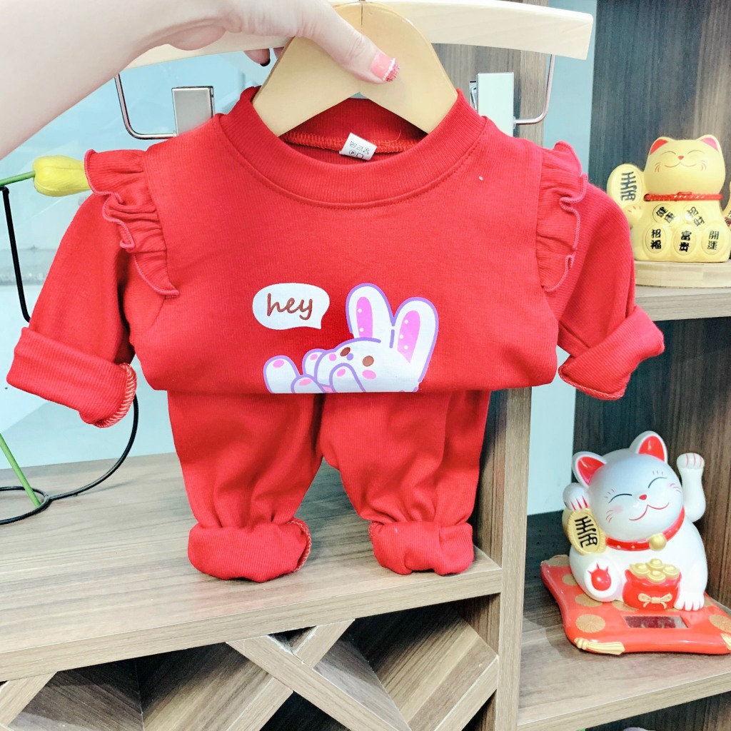 Bộ quần áo dài tay, thu đông, mặc điều hòa, chất thun tăm, len gân, cho bé gái 6-17kg – BD12