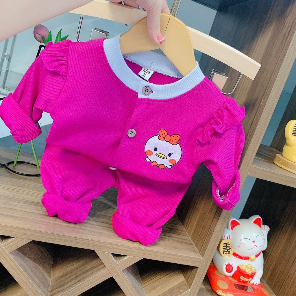 Bộ quần áo dài tay, thu đông, mặc điều hòa, chất thun tăm, len gân, cho bé gái 6-17kg – BD12