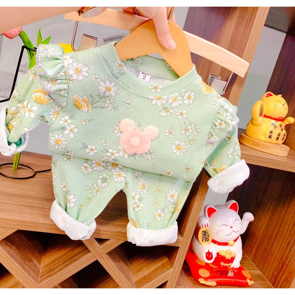 Bộ quần áo dài tay, thu đông, mặc điều hòa, chất thun tăm, len gân, cho bé gái 6-17kg – BD12