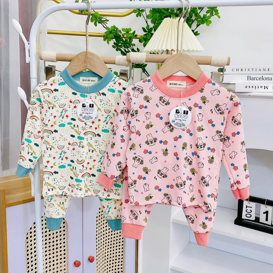 Bộ quần áo thu đông, mặc điều hòa, bo cổ, chất thun tăm, in hình ngộ nghĩnh, cho bé trai, bé gái – BD011