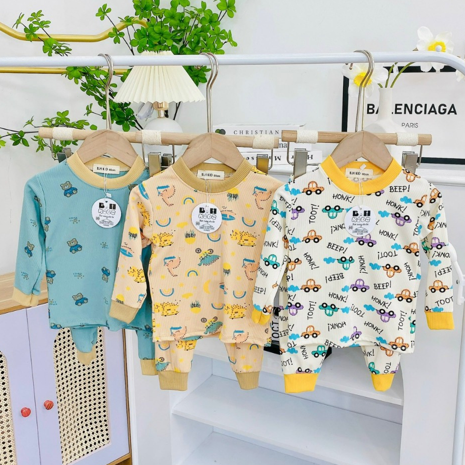 Bộ quần áo thu đông, mặc điều hòa, bo cổ, chất thun tăm, in hình ngộ nghĩnh, cho bé trai, bé gái – BD011