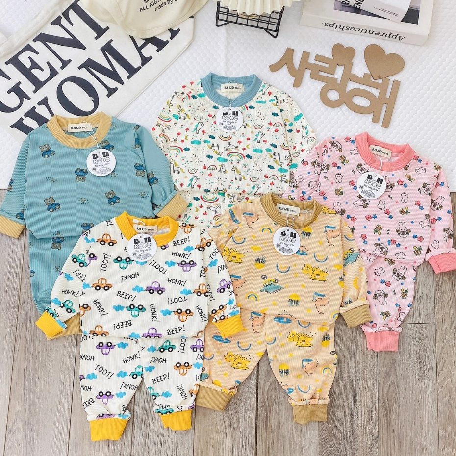 Bộ quần áo thu đông, mặc điều hòa, bo cổ, chất thun tăm, in hình ngộ nghĩnh, cho bé trai, bé gái – BD011