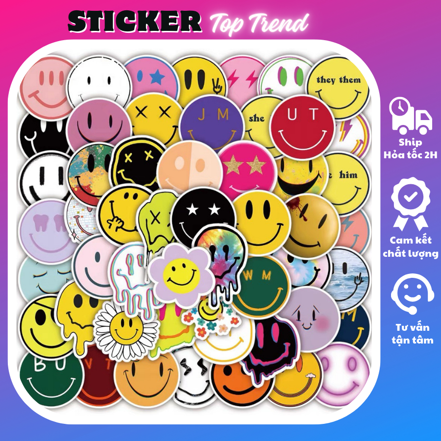 Sticker mặt cười biểu cảm SET 53 TẤM, hình dán mũ bảo hiểm, trang trí sổ, dán xe, laptop giá rẻ, chống thấm nước