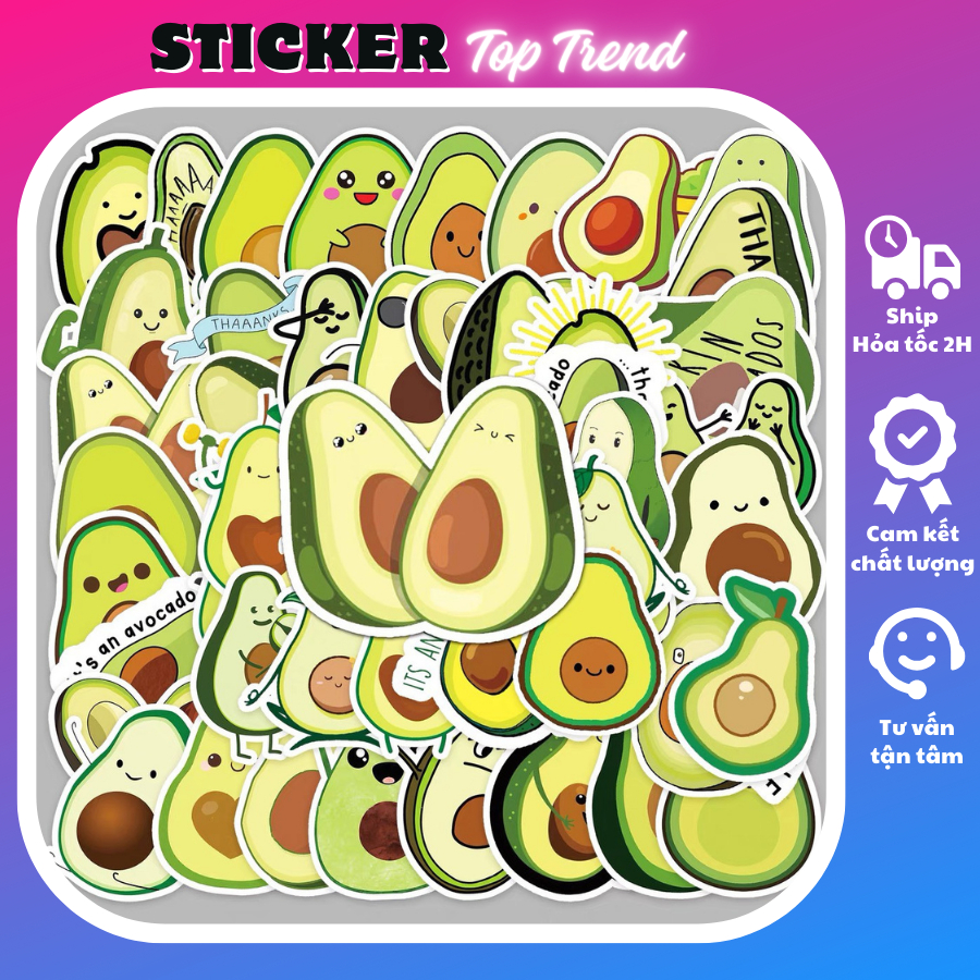 Sticker cute SET 100 TẤM hình quả bơ, hình dán mũ bảo hiểm, trang trí sổ, dán xe, laptop giá rẻ, chống thấm nước