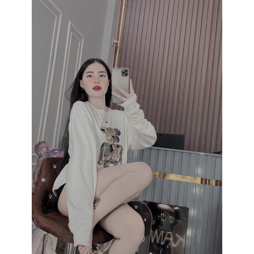 Áo thu đông nam nữ tay dài vải nỉ dày dặn mềm mịn thêu gấu mẫu mới-AHFASHION