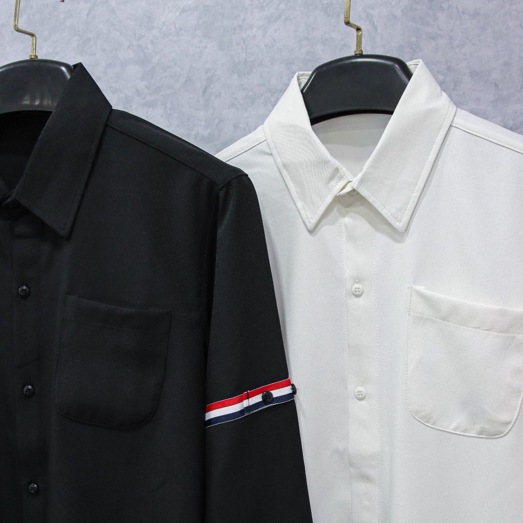 Áo sơ mi nam viền THOM vải lụa,form slimfi màu trắng đen viền tay cao cấp-AHFASHION