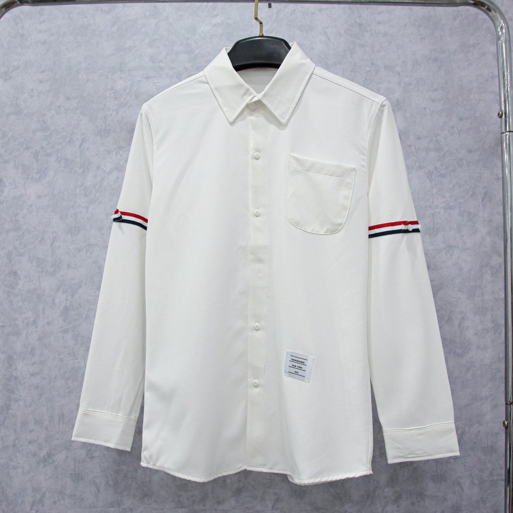 Áo sơ mi nam viền THOM vải lụa,form slimfi màu trắng đen viền tay cao cấp-AHFASHION