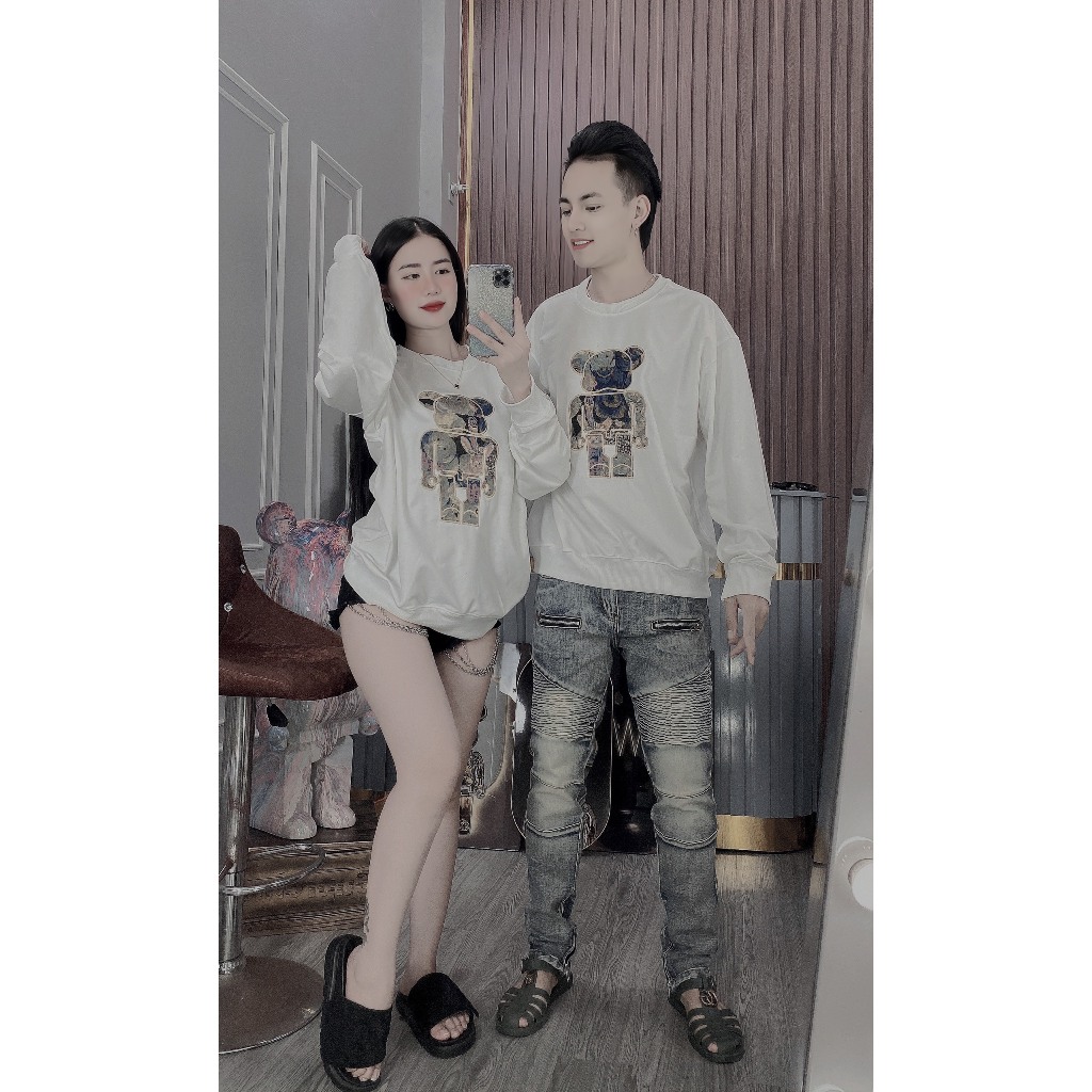 Áo thu đông nam nữ tay dài vải nỉ dày dặn mềm mịn thêu gấu mẫu mới-AHFASHION