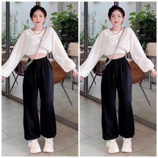 Sét 3 món áo croptop chéo mix quần jogger đen thể thao năng động shopquanaovaphukien