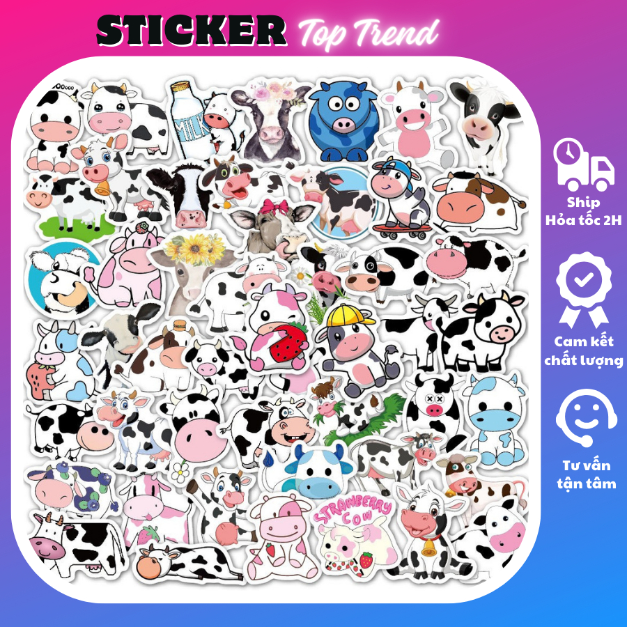 Sticker cute SET 60 TẤM bò sữa dễ thương, hình dán mũ bảo hiểm, trang trí sổ, dán xe, laptop giá rẻ, chống thấm nước