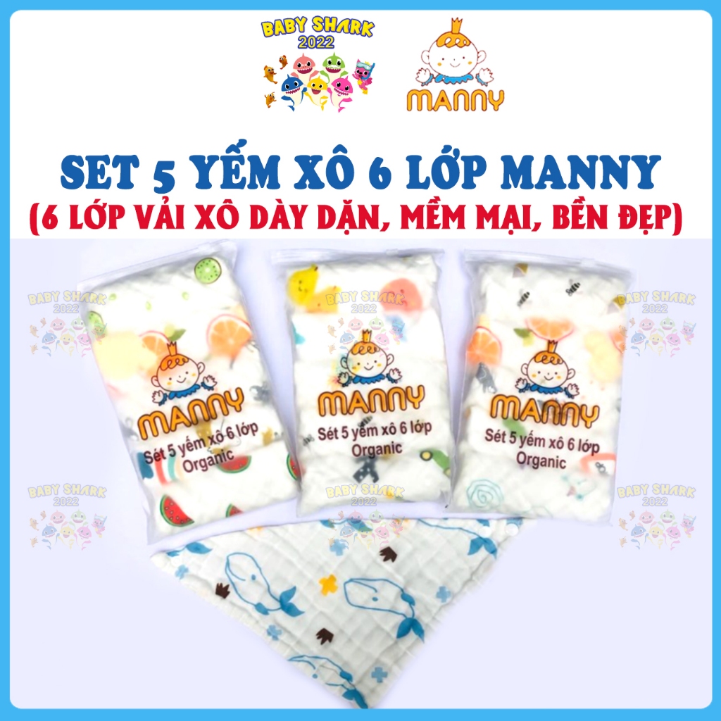 Set 5 Yếm cho bé Manny vải xô 6 lớp cao cấp, siêu mềm có cúc bấm tiện dụng