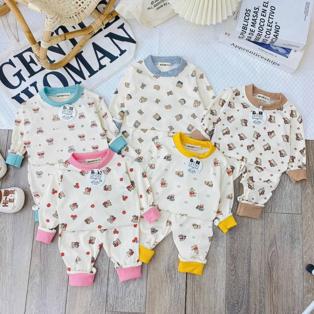 Bộ quần áo thu đông, mặc điều hòa, bo cổ, chất thun tăm, in hình ngộ nghĩnh, cho bé trai, bé gái – BD011