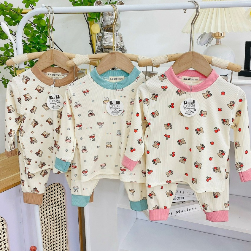 Bộ quần áo thu đông, mặc điều hòa, bo cổ, chất thun tăm, in hình ngộ nghĩnh, cho bé trai, bé gái – BD011