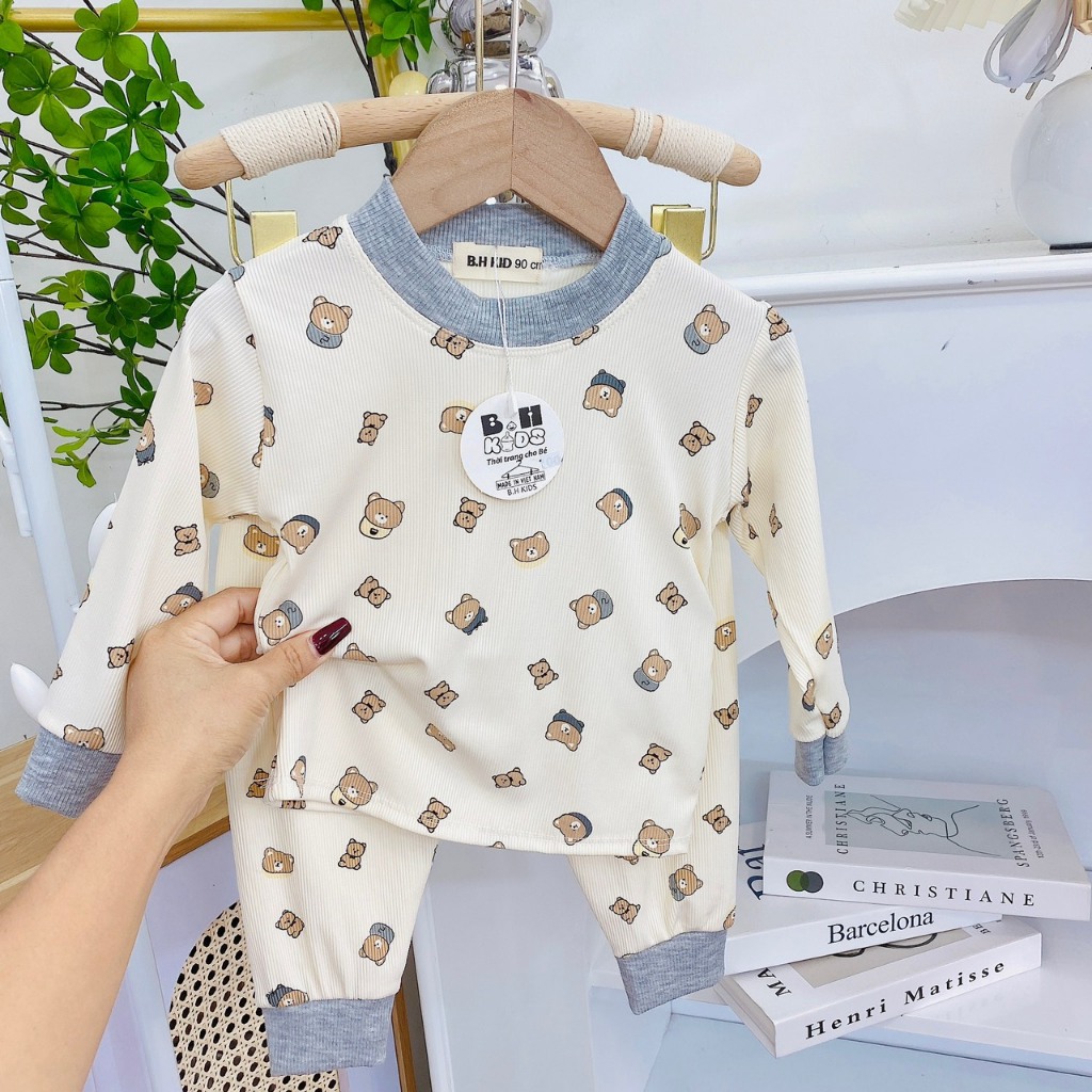 Bộ quần áo thu đông, mặc điều hòa, bo cổ, chất thun tăm, in hình ngộ nghĩnh, cho bé trai, bé gái – BD011