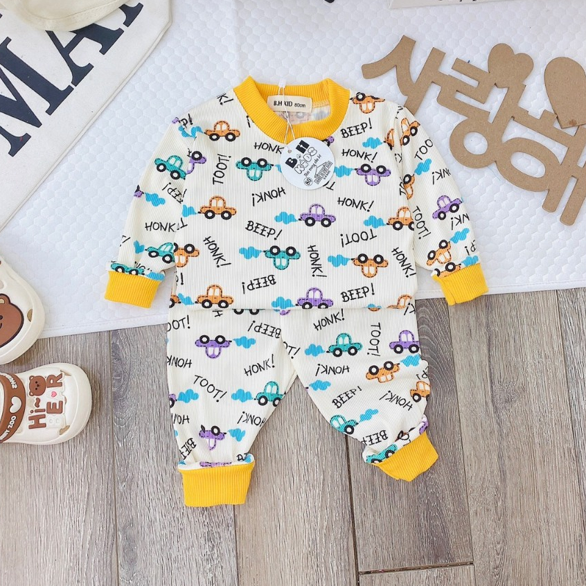 Bộ quần áo thu đông, mặc điều hòa, bo cổ, chất thun tăm, in hình ngộ nghĩnh, cho bé trai, bé gái – BD011