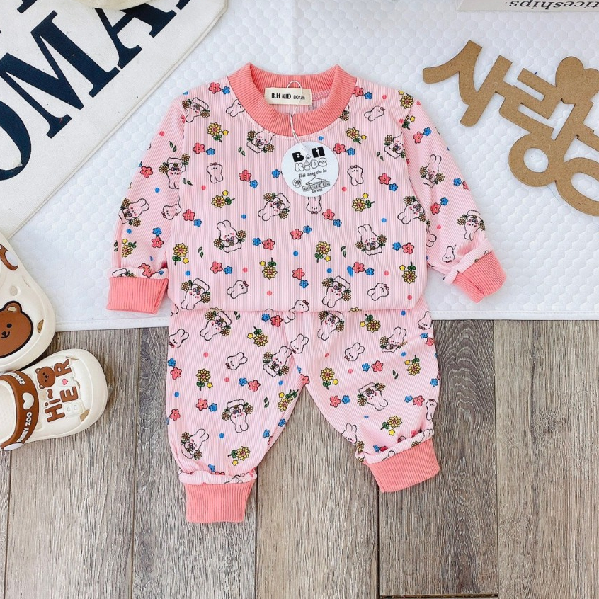 Bộ quần áo thu đông, mặc điều hòa, bo cổ, chất thun tăm, in hình ngộ nghĩnh, cho bé trai, bé gái – BD011