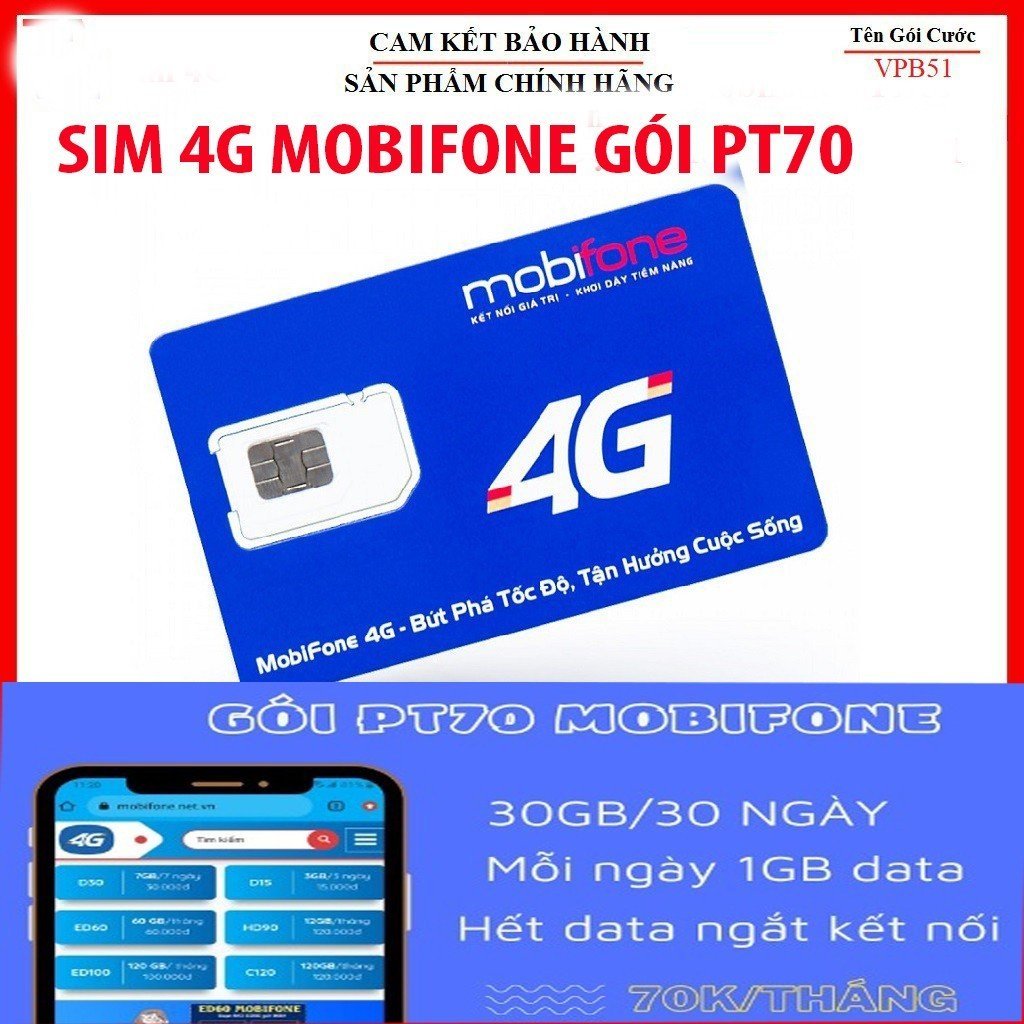 Bảo Hành 12 Tháng Sim 4G Mobifone PT70 xài thaga chỉ từ 70k/tháng 1GB Data 1 Ngày Sim Dùng Toàn Quốc