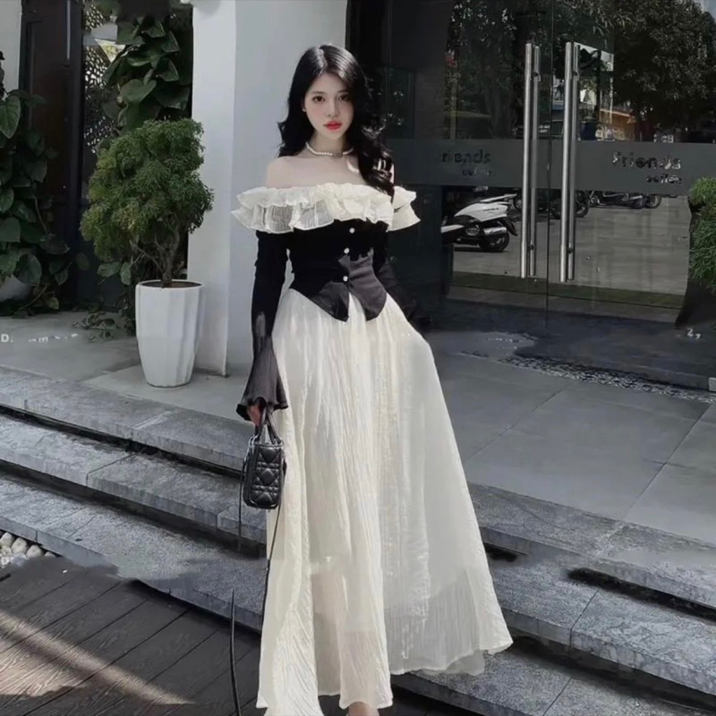 Lila Dress - Set áo tay loe trễ vai bèo tơ cúc ngọc mix chân váy xoè 2 lớp