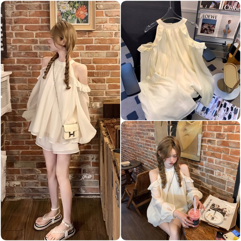 Sét Bộ vải Von Gồm Áo Babydoll trễ vai và quần short,áo trễ vai nữ HB335 HOASUMO
