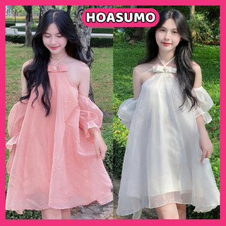 Váy trễ vai,váy yếm nữ đầm xuông dáng xòe chất voan 2 lớp có đính nơ tiểu thư xinh xắn HV95 HOASUMO