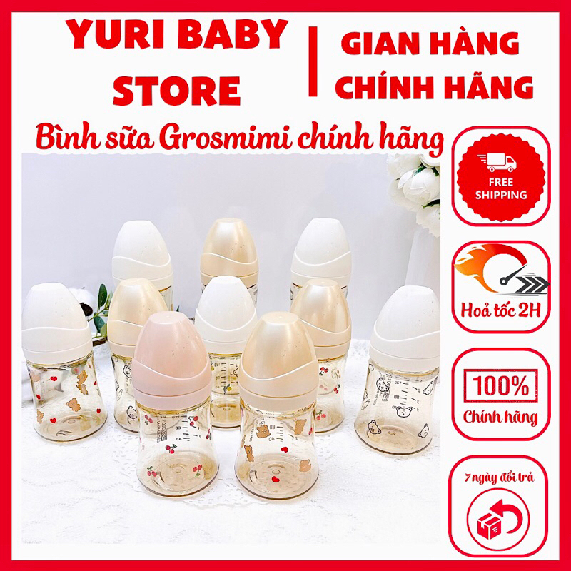 Bình sữa Grosmimi hoạ tiết Cherry chính hãng tuỳ chọn núm (Tách lẻ 1 bình k hộp)